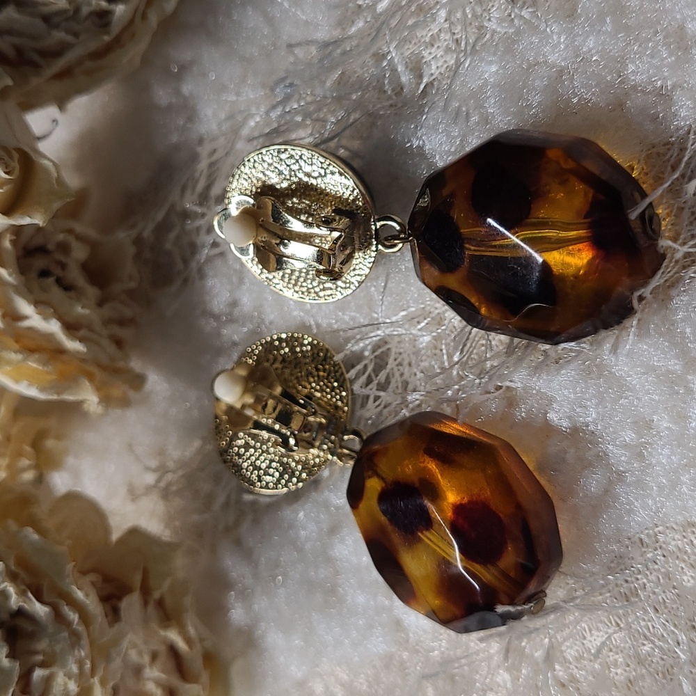 Dangle Drop Earrings Tiger Eye Chunky Clip On Amber Black Goldtone Statement - Picture 4 of 6
